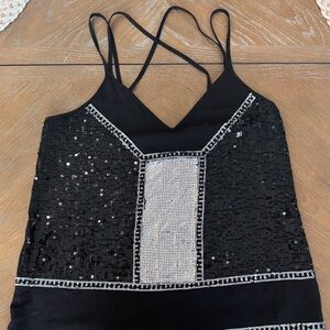 Express XS Sequin Cami – Black & Silver Criss Cross Party Top